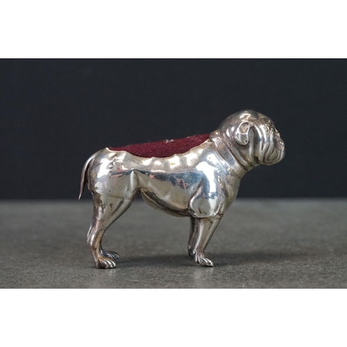 440 - Edwardian silver pin cushion modelled as a pug dog, makers HM & Coy, Birmingham 1906, length approx ... 