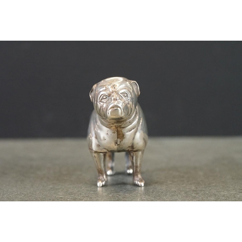 440 - Edwardian silver pin cushion modelled as a pug dog, makers HM & Coy, Birmingham 1906, length approx ... 