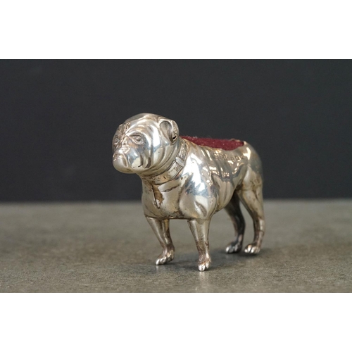 440 - Edwardian silver pin cushion modelled as a pug dog, makers HM & Coy, Birmingham 1906, length approx ... 