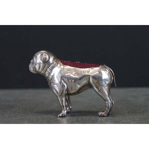 440 - Edwardian silver pin cushion modelled as a pug dog, makers HM & Coy, Birmingham 1906, length approx ... 