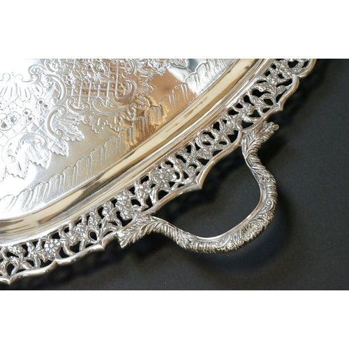 441 - Late Victorian large twin handled silver tray, Sheffield 1900, by Thomas Bradbury & Sons, with pierc... 