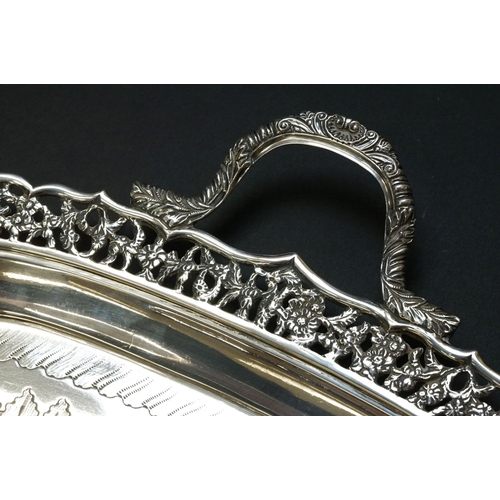 441 - Late Victorian large twin handled silver tray, Sheffield 1900, by Thomas Bradbury & Sons, with pierc... 