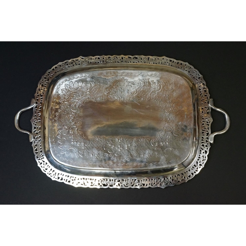 441 - Late Victorian large twin handled silver tray, Sheffield 1900, by Thomas Bradbury & Sons, with pierc... 