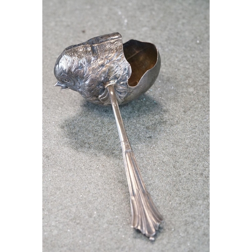 450 - Sampson Mordan & Co Edwardian silver baby feeding spoon modelled as a bird chick, Albany finial, gil... 