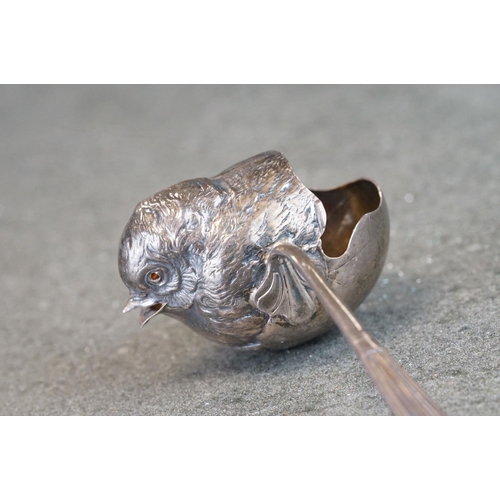 450 - Sampson Mordan & Co Edwardian silver baby feeding spoon modelled as a bird chick, Albany finial, gil... 