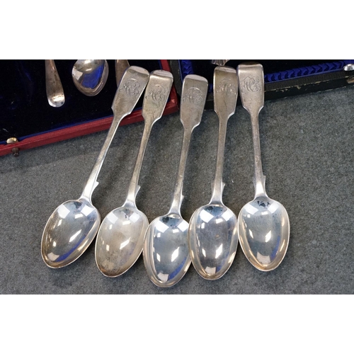 454 - Cased set of six silver teaspoons and a pair of sugar tongs, Albany pattern, makers Charles Wilkes, ... 