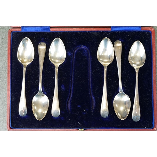 454 - Cased set of six silver teaspoons and a pair of sugar tongs, Albany pattern, makers Charles Wilkes, ... 