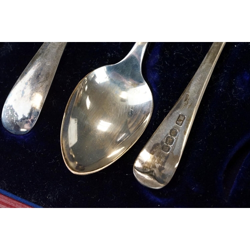 454 - Cased set of six silver teaspoons and a pair of sugar tongs, Albany pattern, makers Charles Wilkes, ... 