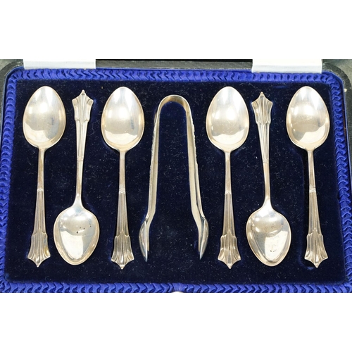 454 - Cased set of six silver teaspoons and a pair of sugar tongs, Albany pattern, makers Charles Wilkes, ... 