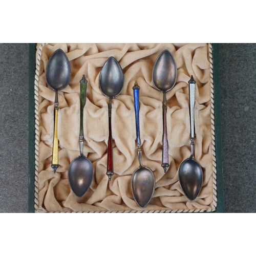 457 - Set of six Norwegian silver enamelled demitasse spoons, the reverse bowl with guilloche enamel, each... 