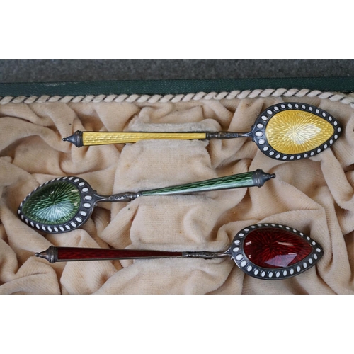 457 - Set of six Norwegian silver enamelled demitasse spoons, the reverse bowl with guilloche enamel, each... 