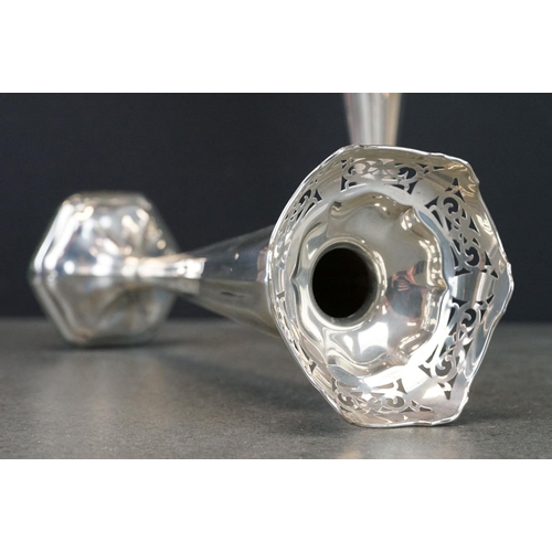 459 - Pair of silver trumpet vases, flared bowl with pierced scroll decoration, flared hexagonal weighted ... 