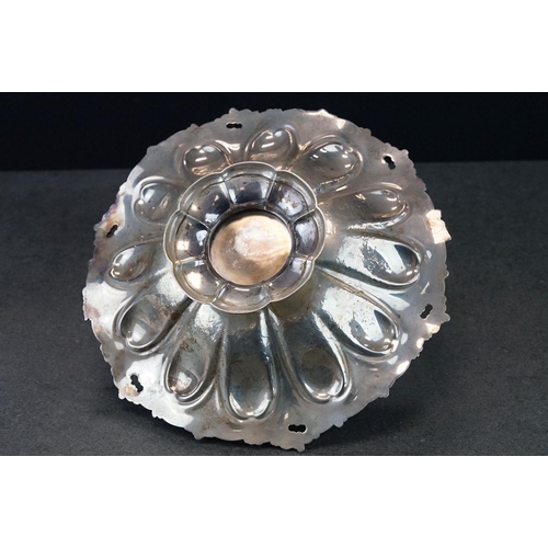 460 - Silver swing handled pedestal bowl, cast foliate scroll border, repoussé tapered panels with engrave... 