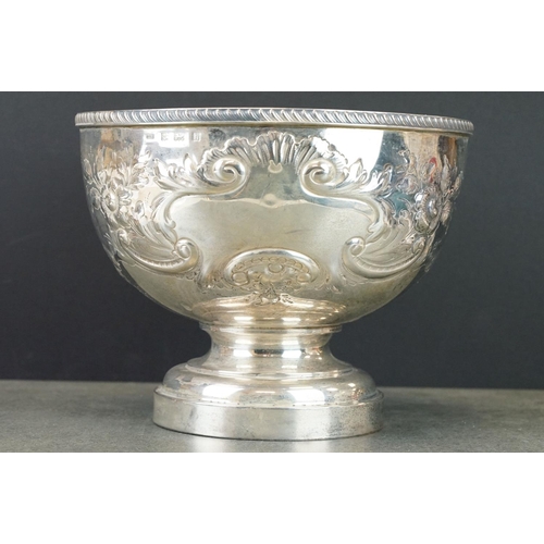 461 - Edwardian silver pedestal fruit bowl, repoussé floral foliate scroll decoration, engraved monogram t... 