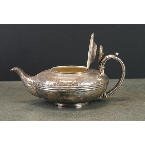 470 - George IV silver teapot, melon shaped form, engraved foliate scroll decoration throughout, hinged li... 