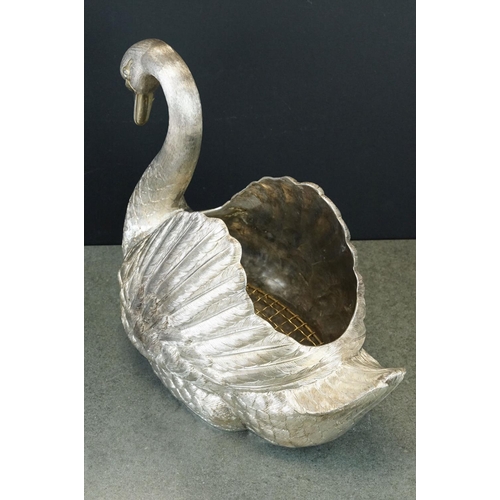 471 - Large silver rose bowl realistically modelled as a swan, textured feathers with wings raised, makers... 