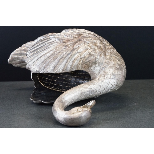 471 - Large silver rose bowl realistically modelled as a swan, textured feathers with wings raised, makers... 