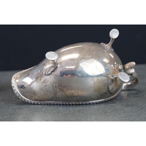 473 - Pair of silver sauce boats, gadroon border, scroll handle with cast acanthus leaf, three hoof feet w... 