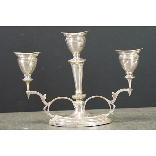 476 - Edwardian small three branch candelabrum, bell shaped sconces, tapered main stem, scroll branches, s... 