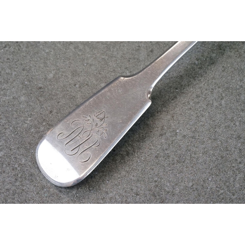 484 - George IV silver basting spoon, fiddle pattern, engraved initials to terminal, makers William Seaman... 