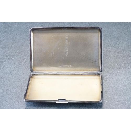 486 - Silver cigarette case, rectangular form, engine turned decoration, rectangular blank cartouche with ... 