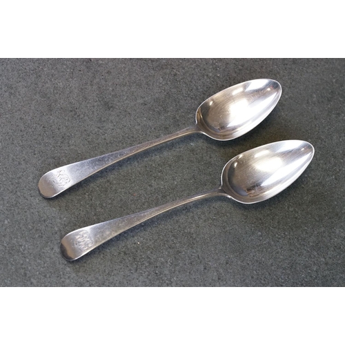 497 - Two George III Silver Old English Pattern serving spoons with monograms to handles, together with a ... 