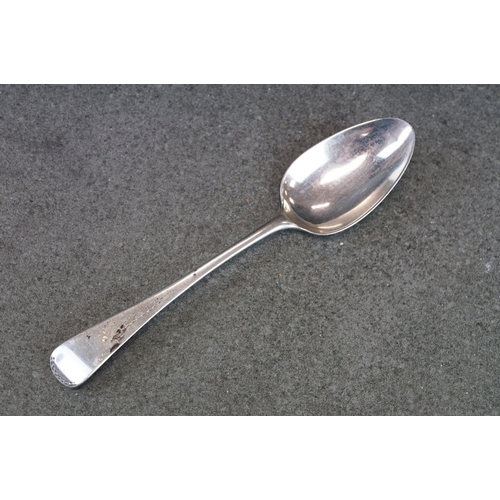 497 - Two George III Silver Old English Pattern serving spoons with monograms to handles, together with a ... 