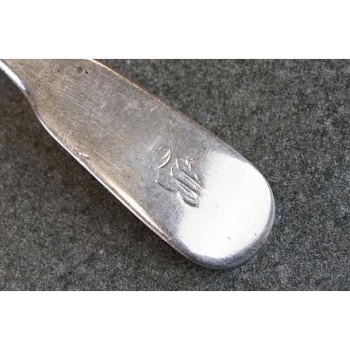 497 - Two George III Silver Old English Pattern serving spoons with monograms to handles, together with a ... 