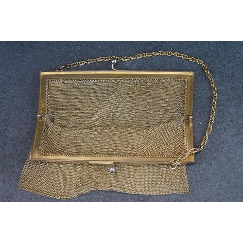 499 - Large silver gilt chain link purse with Prince of Wales link chain handle, hallmarked to both openin... 