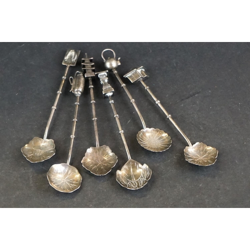 520 - Set of 6 Chinese silver spoons with floral shaped bowls and decorative finials, stamped Sterling 0.9... 