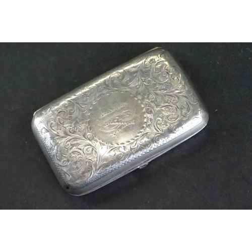 522 - Group of silver items to include an Edwardian silver cigarette case with engraved scrolling decorati... 