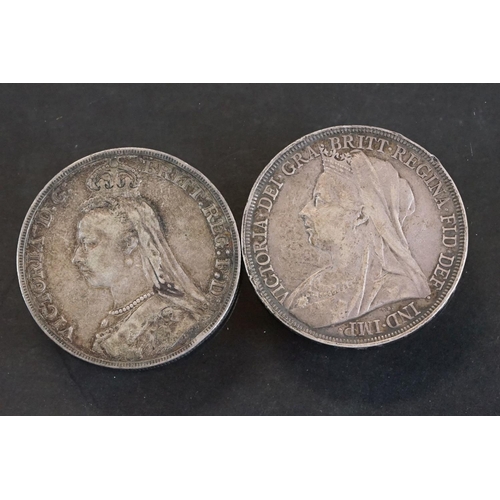 23 - A British Queen Victoria jubilee head silver full crown coin dated 1889 together with a Queen Victor... 