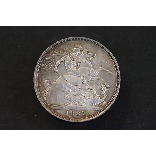 28 - A British Queen Victoria jubilee head silver full crown coin, dated 1887 (V/F).