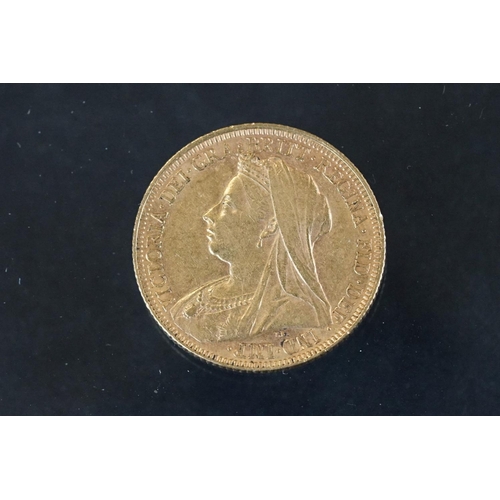 3 - A British Queen Victoria Veiled Head full gold sovereign coin, dated 1895 with Melbourne mint mark.