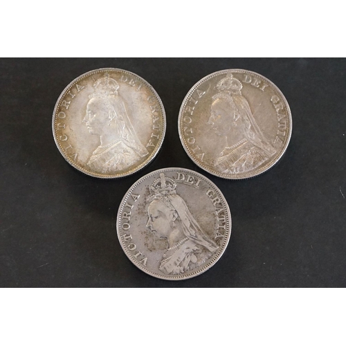 32 - A collection of three British Queen Victoria silver double florin coins to include 1887 (V/F), 1889 ... 