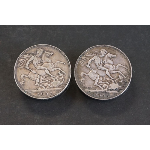 33 - Two British Queen Victoria veiled head silver full crown coins, dated 1896 and 1897.