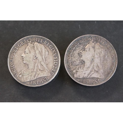 33 - Two British Queen Victoria veiled head silver full crown coins, dated 1896 and 1897.