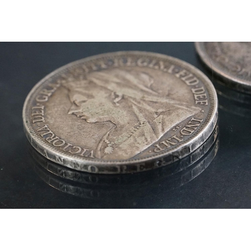 33 - Two British Queen Victoria veiled head silver full crown coins, dated 1896 and 1897.