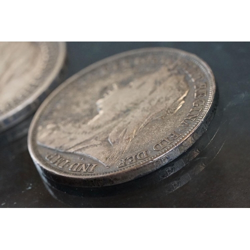 33 - Two British Queen Victoria veiled head silver full crown coins, dated 1896 and 1897.