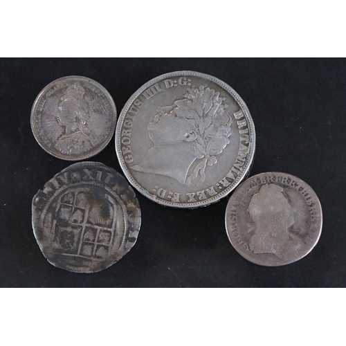 126 - A small group of four British pre decimal silver coins to include an 1821 King George IIII silver cr... 