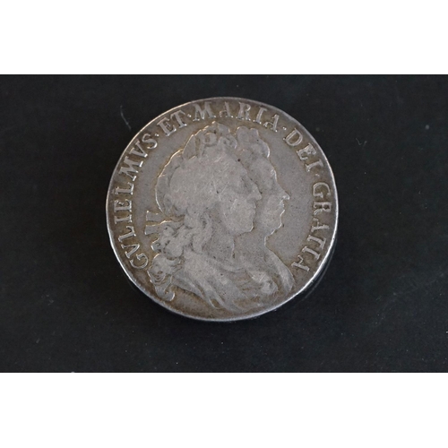 128 - A British 1691 Silver Half Crown, features second laureate conjoined busts of King William III and Q... 