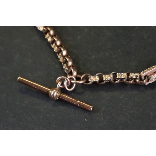 390A - Victorian 9ct gold Albert chain, fancy figaro link chain with applied 9c pad, the two toggles and t ... 