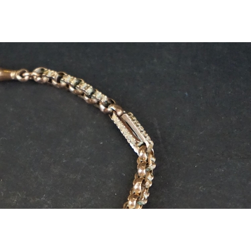 390A - Victorian 9ct gold Albert chain, fancy figaro link chain with applied 9c pad, the two toggles and t ... 