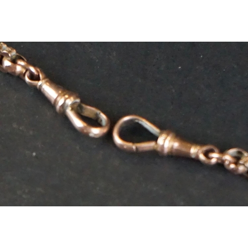 390A - Victorian 9ct gold Albert chain, fancy figaro link chain with applied 9c pad, the two toggles and t ... 