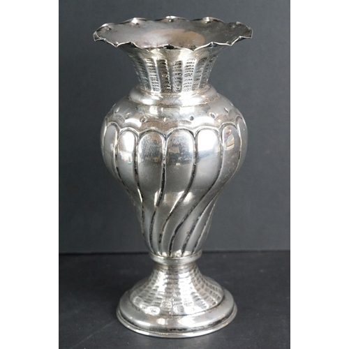 524 - Continental silver vase, the flared neck with scalloped rim, engraved decoration, inverse baluster b... 