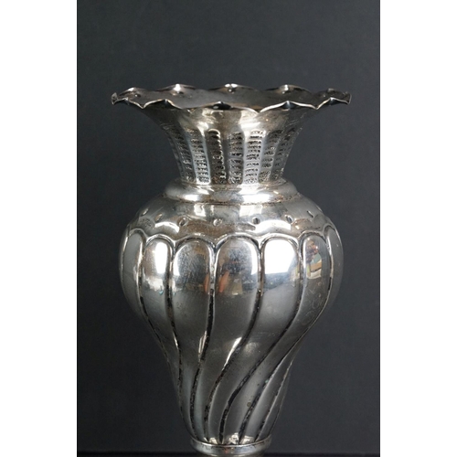 524 - Continental silver vase, the flared neck with scalloped rim, engraved decoration, inverse baluster b... 