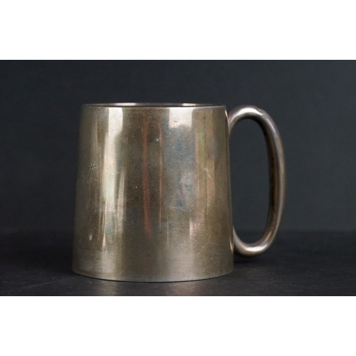 528 - Silver Christening mug, tapered plain polished body with engraved name 'Robert', C-shaped handle, ma... 