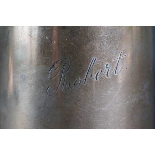 528 - Silver Christening mug, tapered plain polished body with engraved name 'Robert', C-shaped handle, ma... 