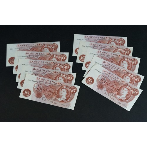 55 - A collection of ten Bank of England Ten Shillings uncirulated banknotes to include a eight note numb... 