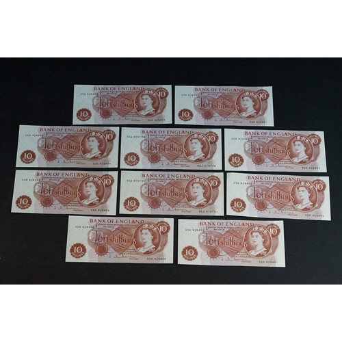 55 - A collection of ten Bank of England Ten Shillings uncirulated banknotes to include a eight note numb... 